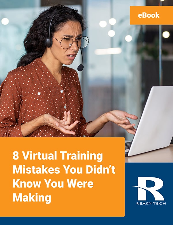Confused businesswoman in front of a computer screen during a virtual training session, highlighting common virtual training mistakes.
