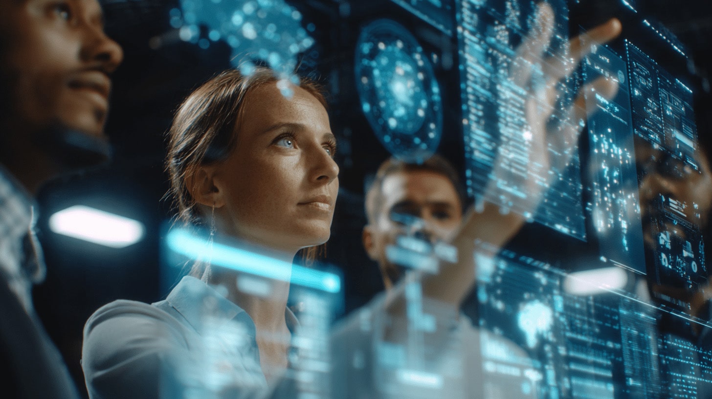 Diverse professionals using virtual IT labs with digital overlays representing microlearning concepts