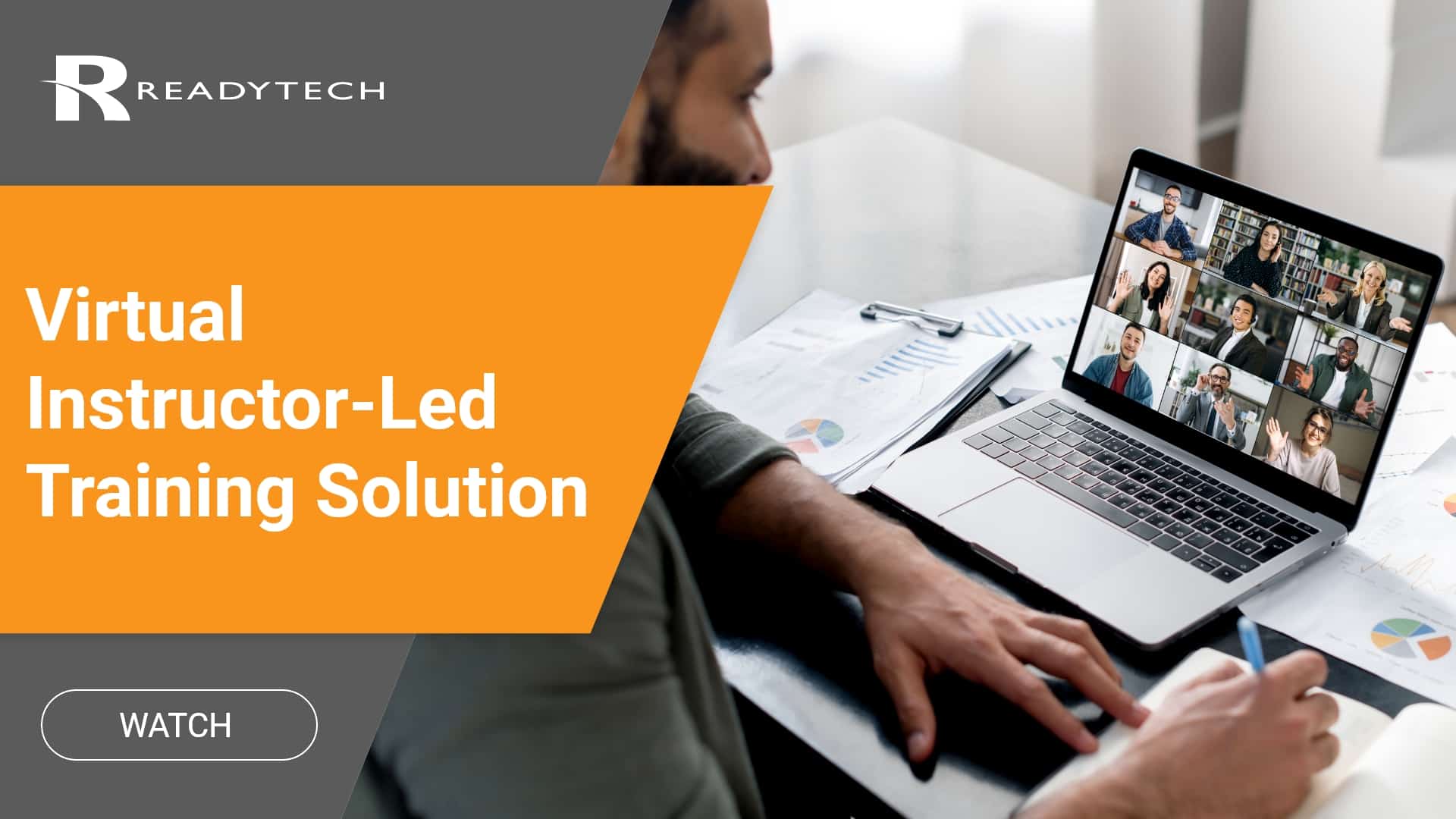 Man on a laptop viewing multiple screen calls