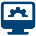 Icon of a computer monitor with a gear symbol, representing minimal IT setup and secure deployment