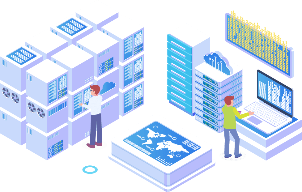 a group of people working in a server room