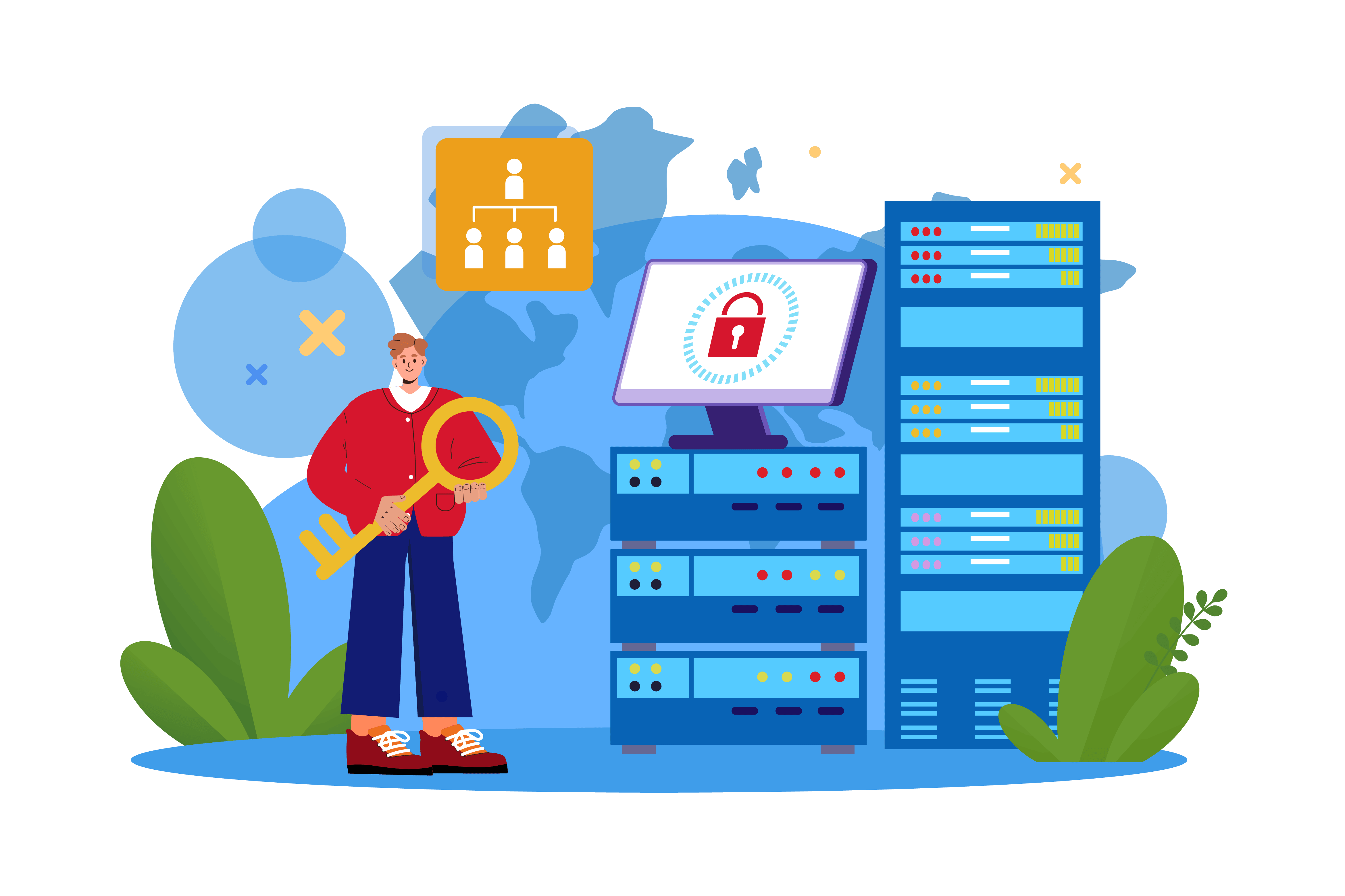 Figure standing next to a server that is locked with a key
