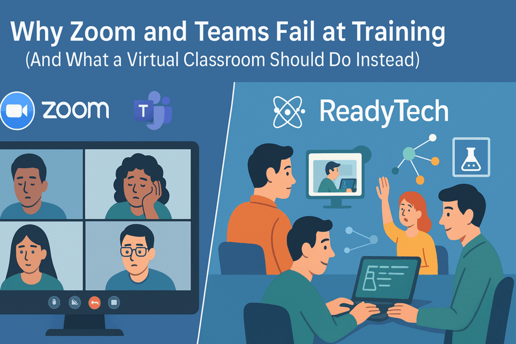 Comparison of ReadyTech Virtual Classroom and Zoom/Teams — engaged students using ReadyTech on the right, disengaged participants on Zoom and Teams on the left