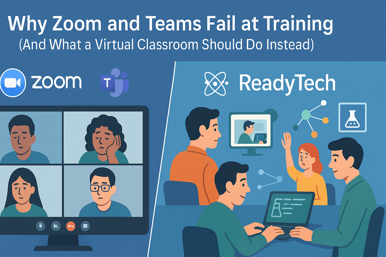 Comparison of ReadyTech Virtual Classroom and Zoom/Teams — engaged students using ReadyTech on the right, disengaged participants on Zoom and Teams on the left